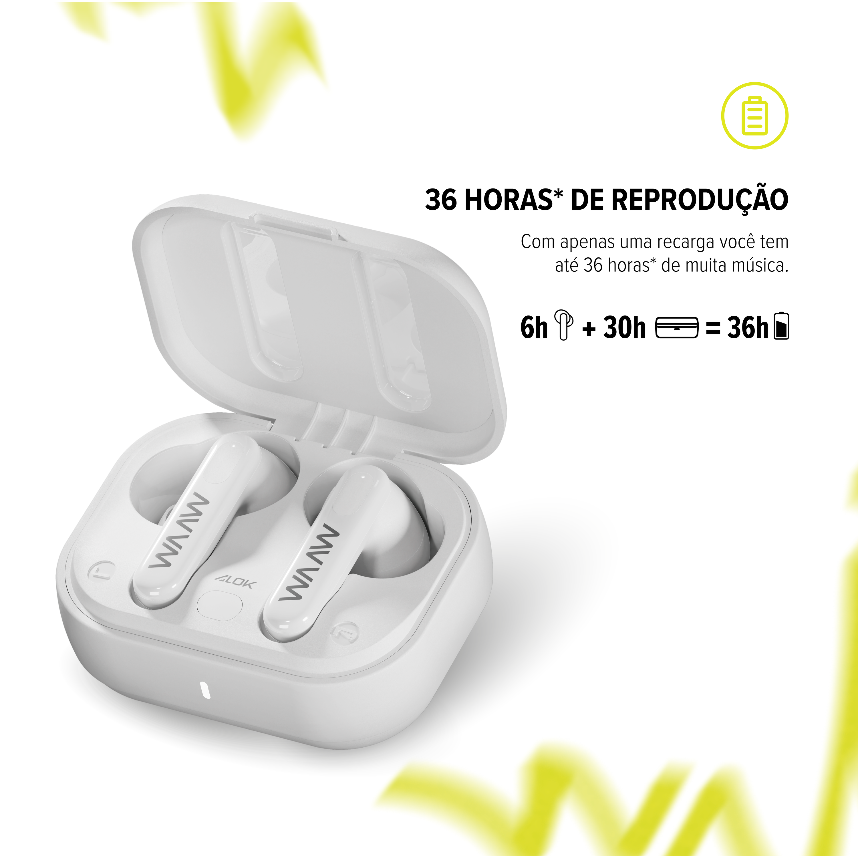 36 horas de reprodução do Fone de Ouvido Bluetooth MOB 500 White WAAW by Alok