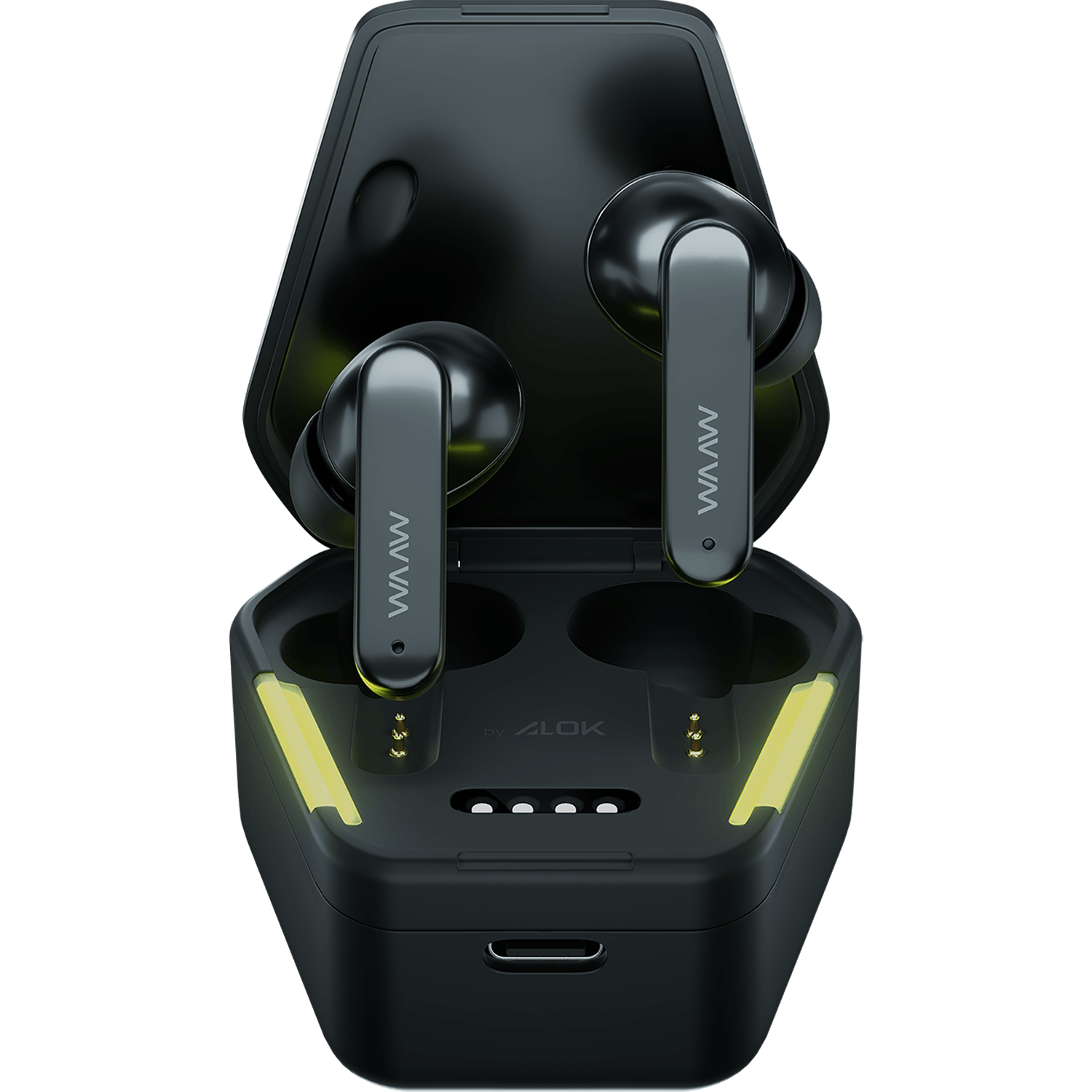 fone de ouvido waaw energy 100ebg fones elevados um pouco acima do estojo aberto