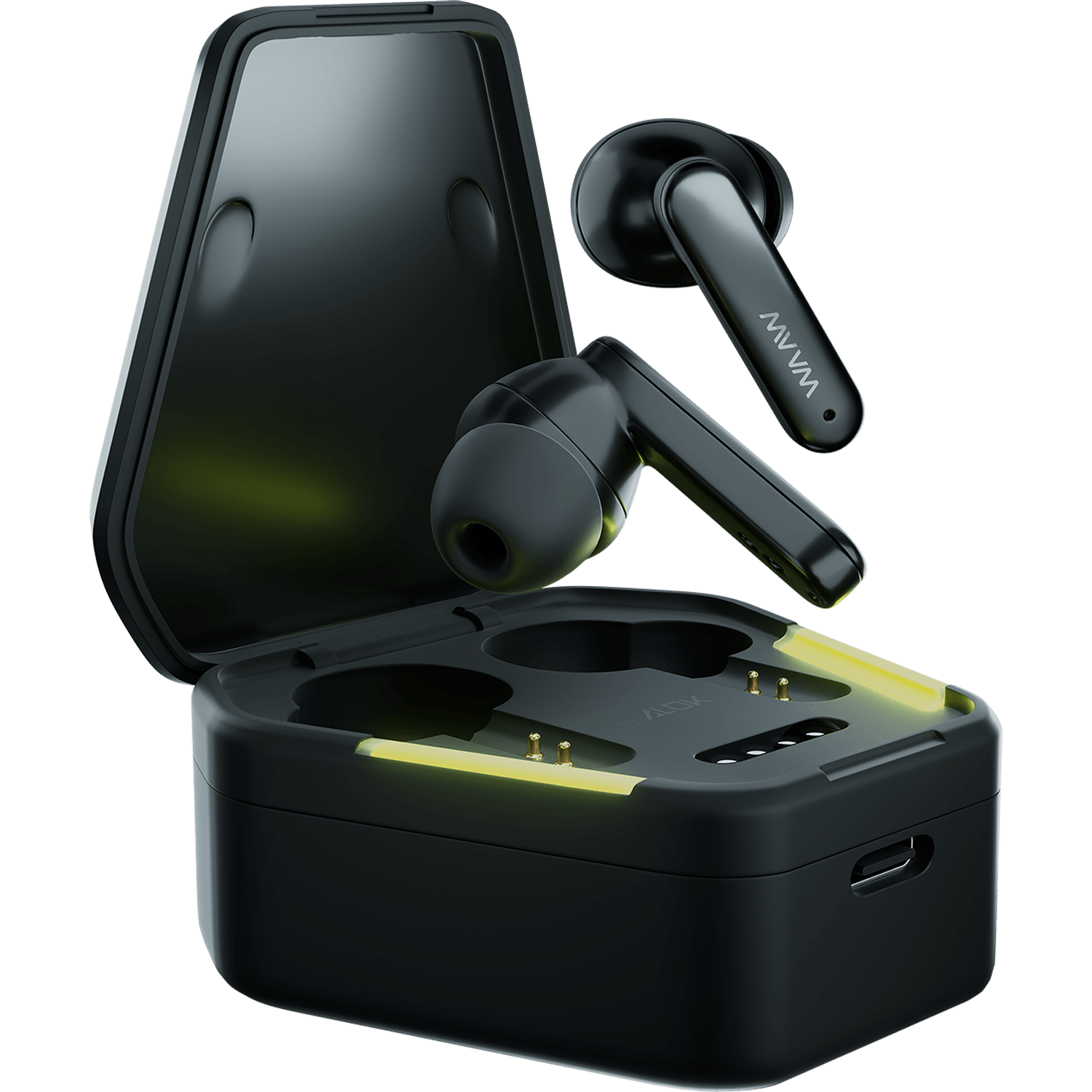 fone de ouvido tws waaw energy 100ebg visão diagonal direita com fones elevados sobre estojo aberto