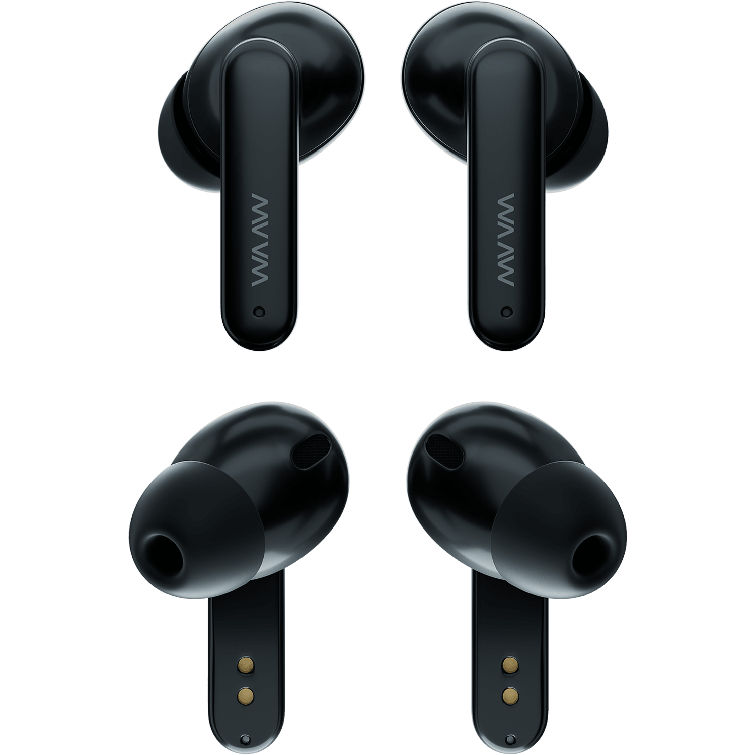 imagens dupla dos fones waaw energy 100ebg, mostrando os dois fones com a parte externa na parte superior, e com a parte interna com as borrachas intra auriculares na parte inferior.