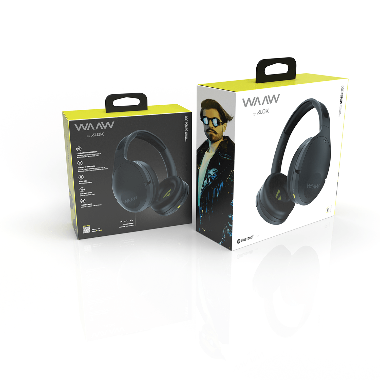WAAW SENSE 300HBNC Headphone com Cancelamento de Ruídos - embalagens frente e verso.