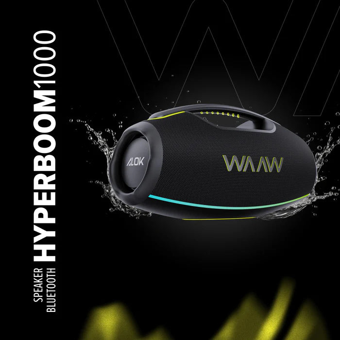 Caixa de som Portátil WAAW Hyperboom 1000 com efeitos de água e logo iluminado.